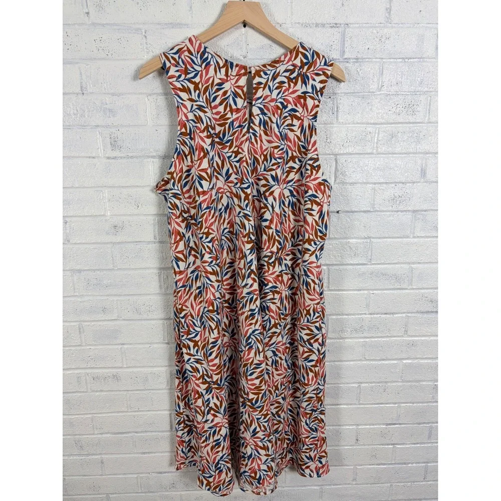 Lands End Linen Shift Dress Womens 1X Multi Color Leaf Print Sleeveless Pockets